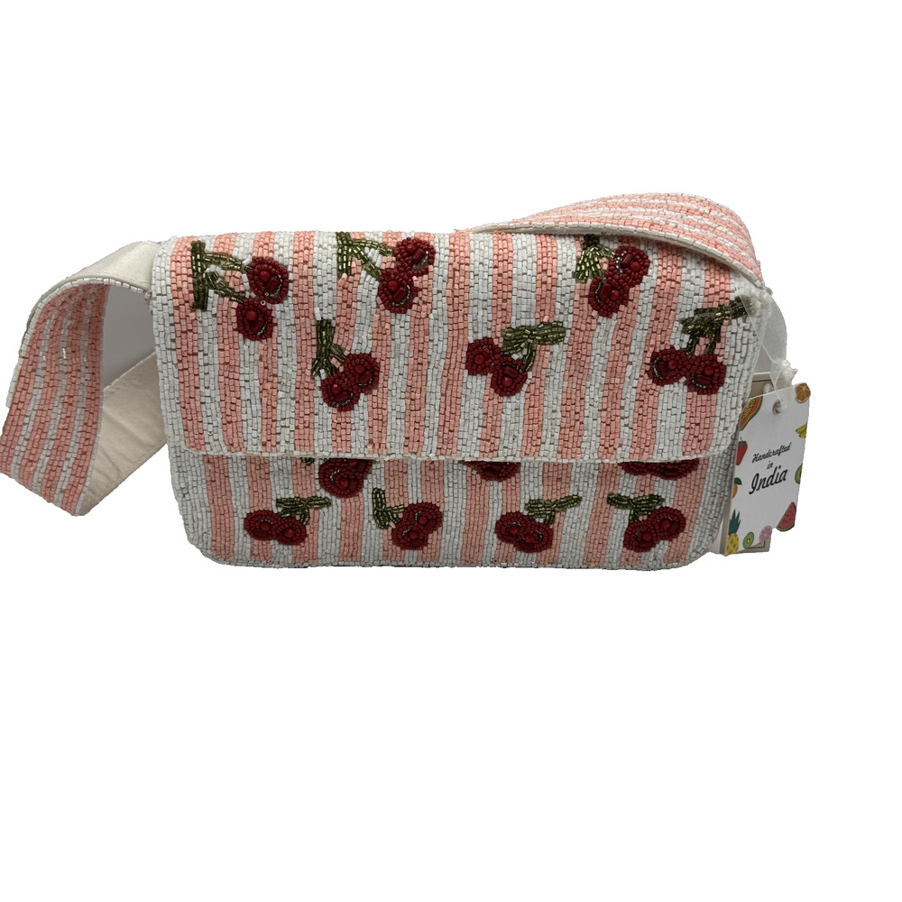 Handcrafted in India Viral Beaded Cherries Cherry Pink Striped Shoulder Purse